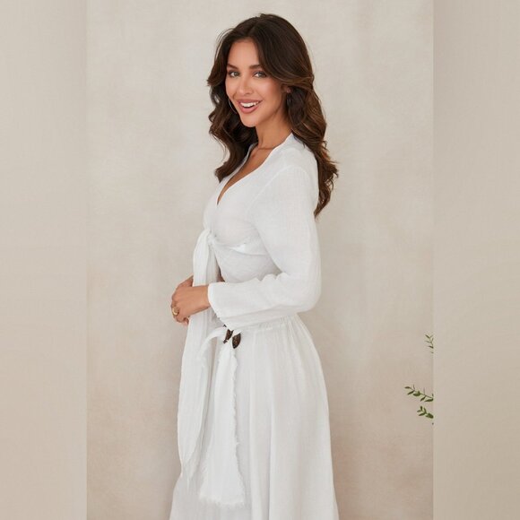 (113108-WHT) LINEN LONG SLEEVE TIE TOP - Picture 2 of 4